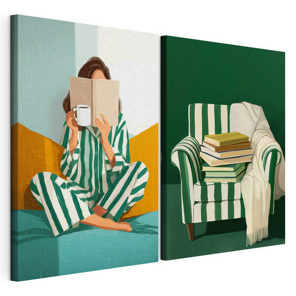 Eine Frau im Pyjama, die ein Buch liest, und ein Stapel Bücher Modularer Leinwanddruck Eine Frau im Pyjama, die ein Buch liest, und ein Stapel Bücher